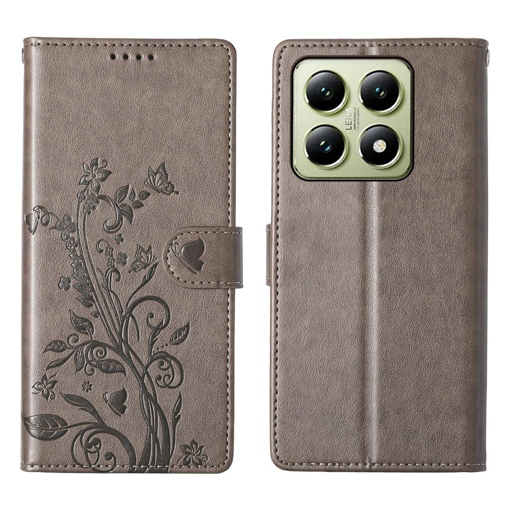 For Xiaomi 14T Wallet Case Butterfly Floral Imprint PU Leather Phone Cover with Wrist Strap