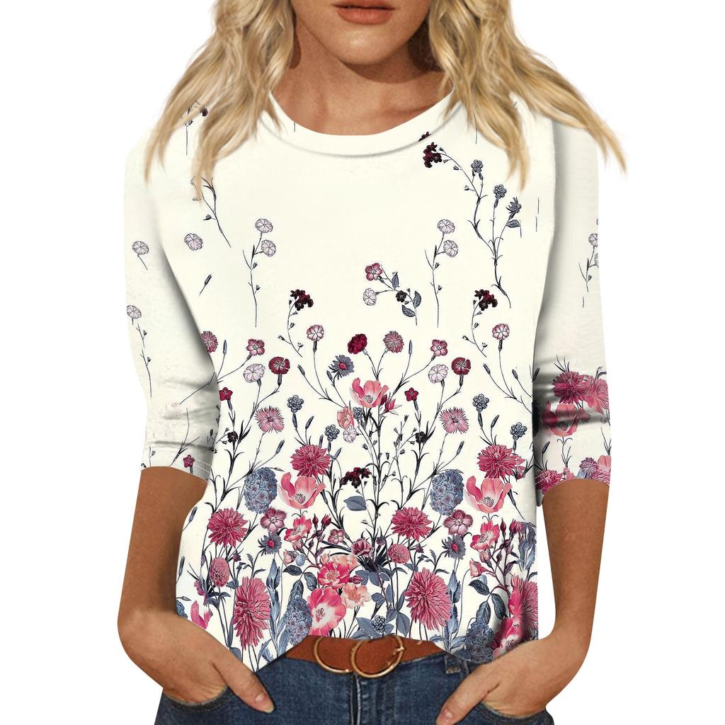 Women Casual Floral Print Three Quarter Sleeve Round Neck Top Lightweight Soft Fabric Relaxed Fit Blouse for Everyday Wear