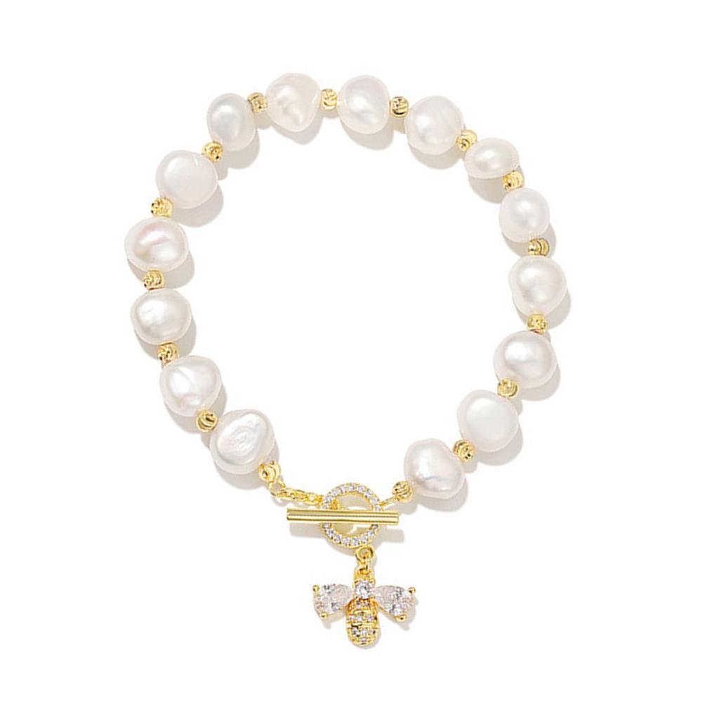 Elegant Imitation Pearls Bracelet for Women Crystal Honeybee Pendant Handchain Adjustable Wristchain Accessory
