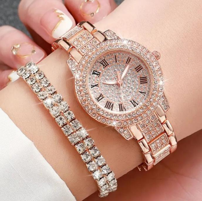 Trendy Roman Numerals Luxury Diamond-Encrusted Cuban Bracelet With Women'S Watch, Fashionable Hip-Hop Steel Watch
