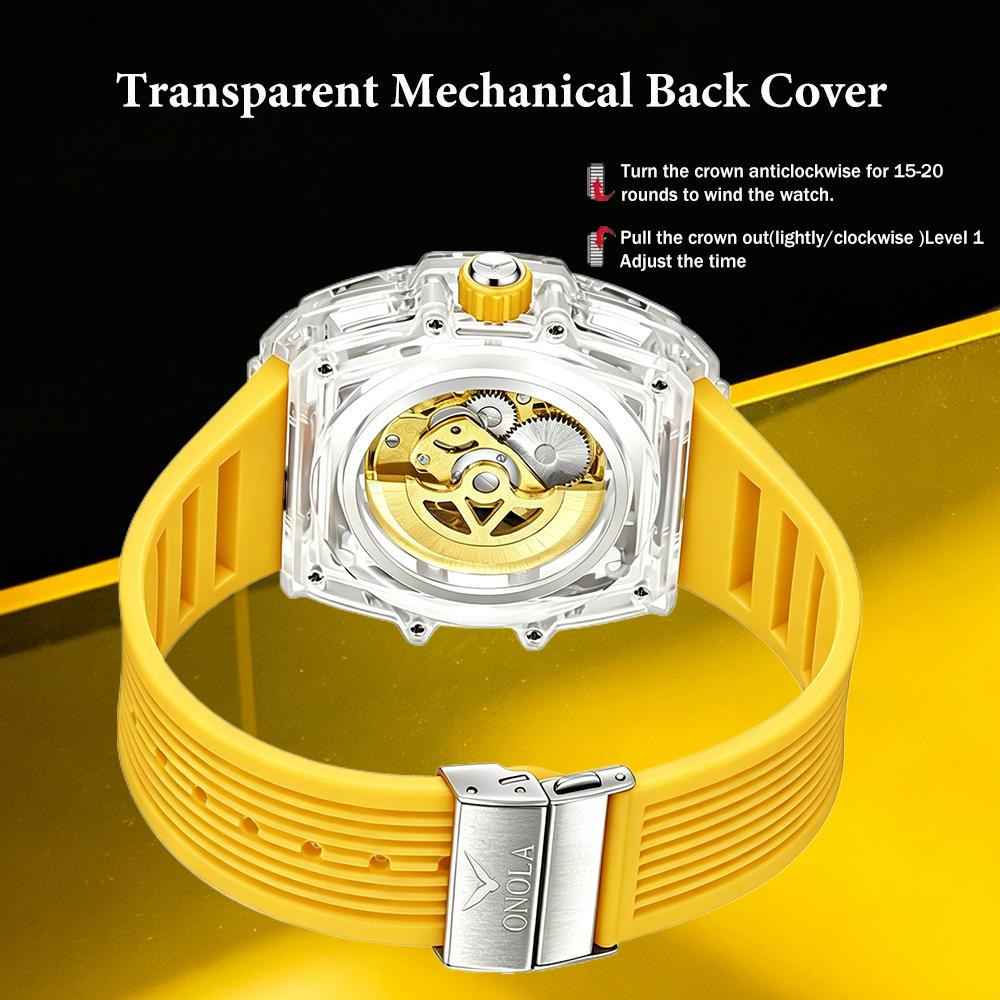 Skeleton Automatic Mechanical Watch for Men Casual Transparent Case Waterproof Luminous Wrist Watch Silicone Strap