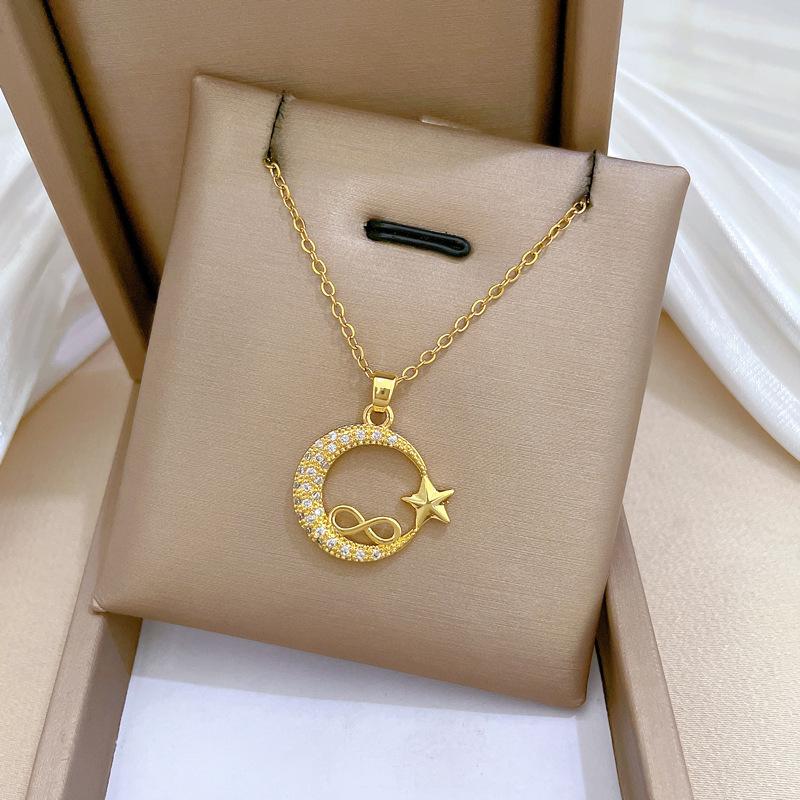 Star Moon Full Diamond Light Luxury Temperament Gorgeous Full Diamond Necklace Female Versatile Collarbone Chain Titanium Steel Chain