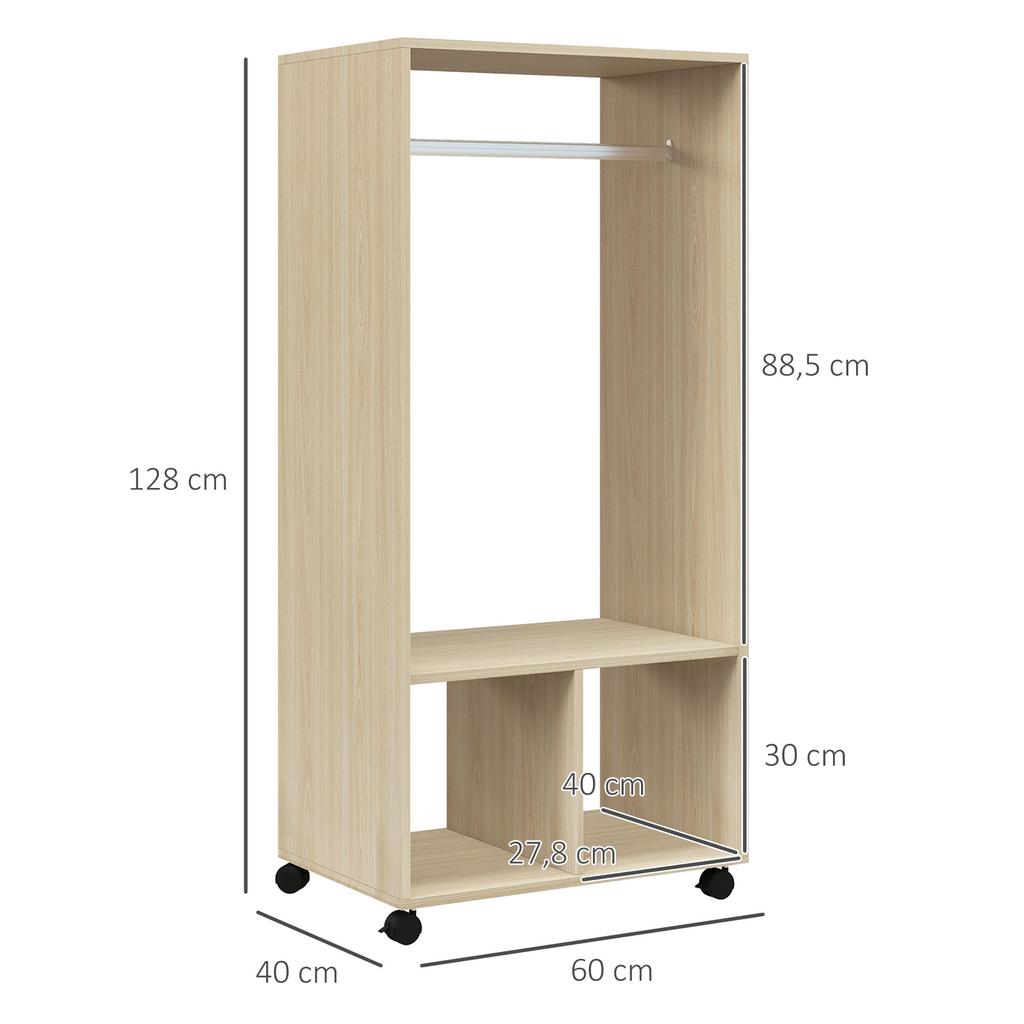 Wardrobe Closet Shelf 2 Compartments Wardrobe 4 Swivel Casters dim. 60L x 40W x 128H cm Natural Wood