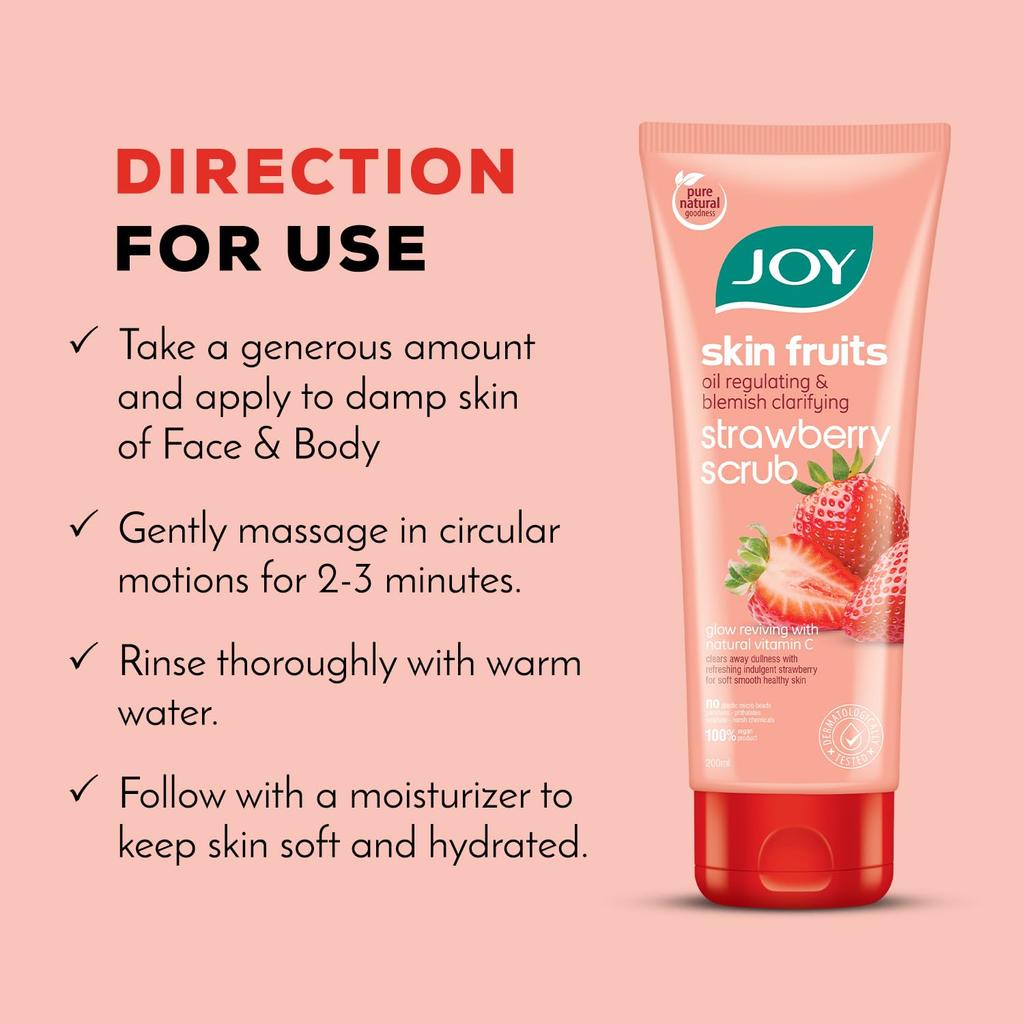 Joy Strawberry Face & Body Scrub 200gm Pack of 1 | Exfoliating Scrub for Blackhead Removal & Oil Control, Brightening, Vegan