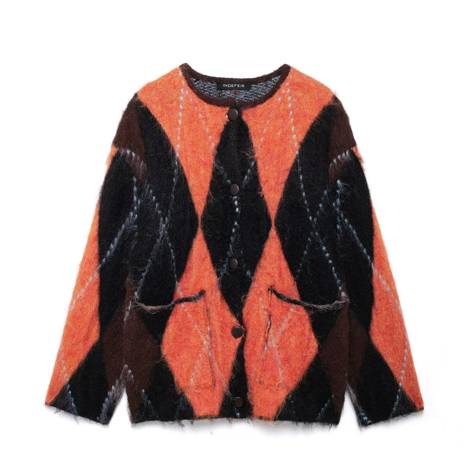 

Женский кардиган свободного кроя в клетку аргайл - Осень/Зима 2024 Европейский и американский стиль M