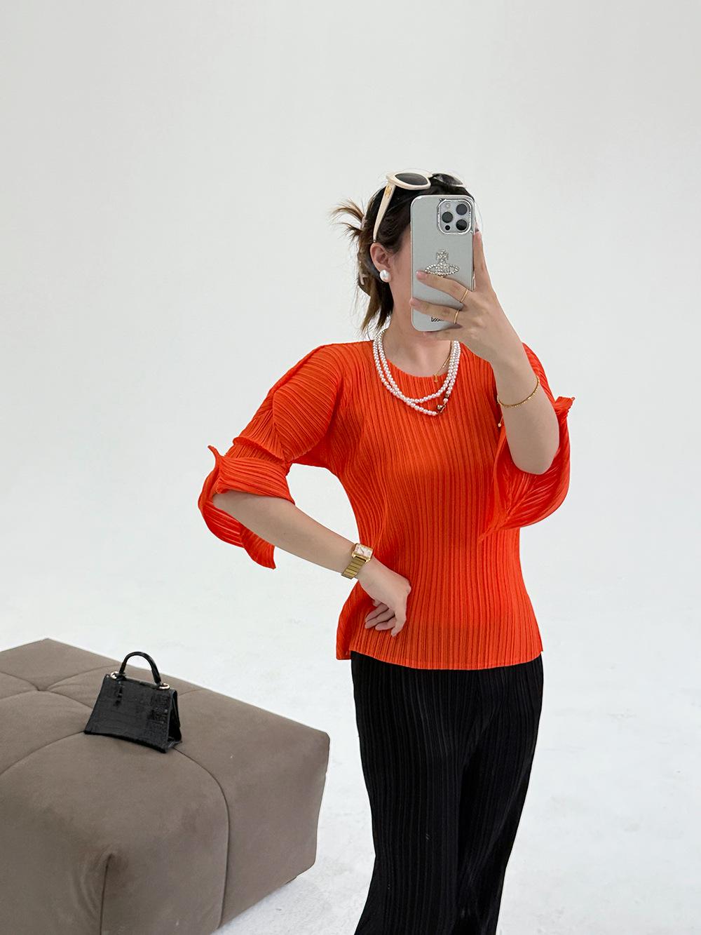 

Женский облегающий топ с плиссированными рукавами-колокольчиками и круглым вырезом - Высококачественный модный повседневный базовый слой One Size