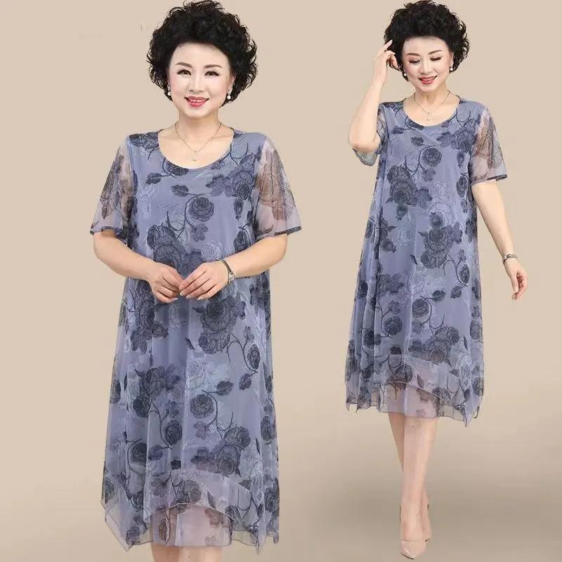 Summer Vintage Print Long Dress for Women Plus Size Short Sleeve Summer Casual Dress Female
