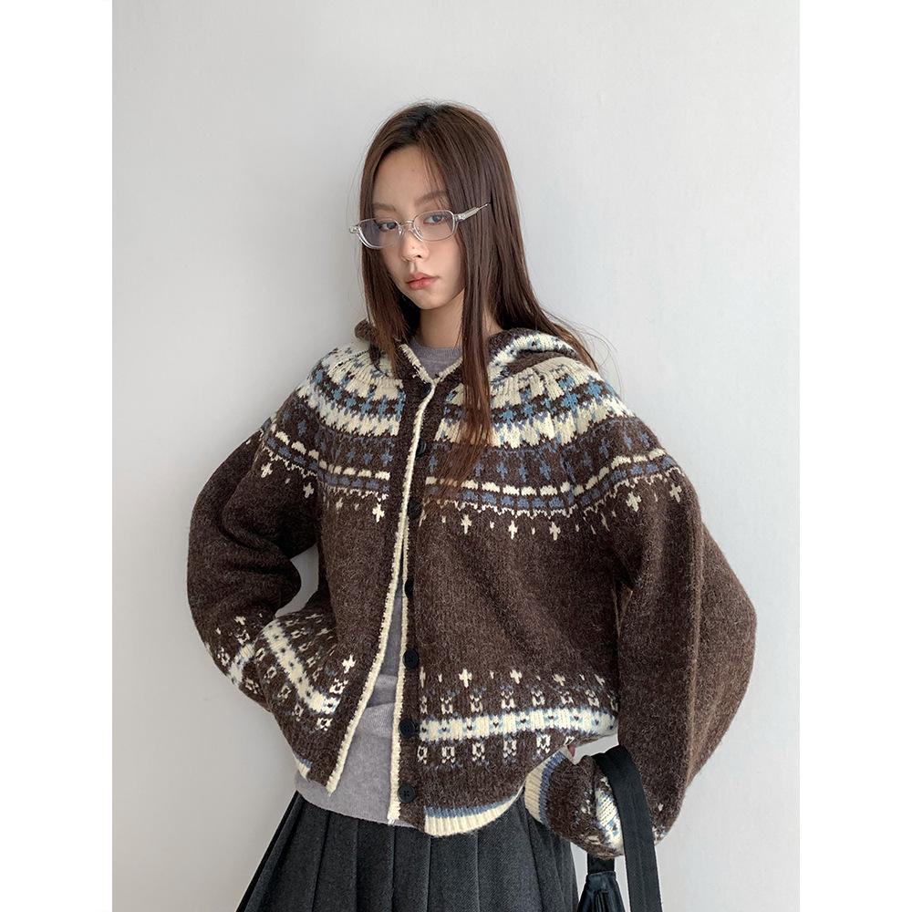 Dorothy Fair Isle Retro Pletený kardigan s kapucí - Dámský zesílený svetr ke všemu