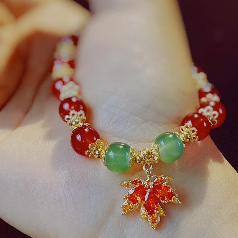 Chic Leaf Themed Red Jade Beads Bracelet for Women Ideal Jewelry Gift 1Pcs