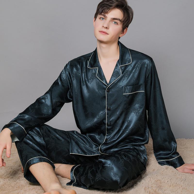Men's Spring/Summer Silk Pajamas: Long Sleeve & Pants, Thin Plaid, Imitation Silk, Middle-Aged Homewear