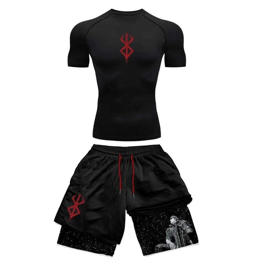Herren Quick-Dry Fitness Outfit: Schweißabsorbierendes Kurzarm-Oberteil & Shorts Set für das Outdoor-Training 3XL black