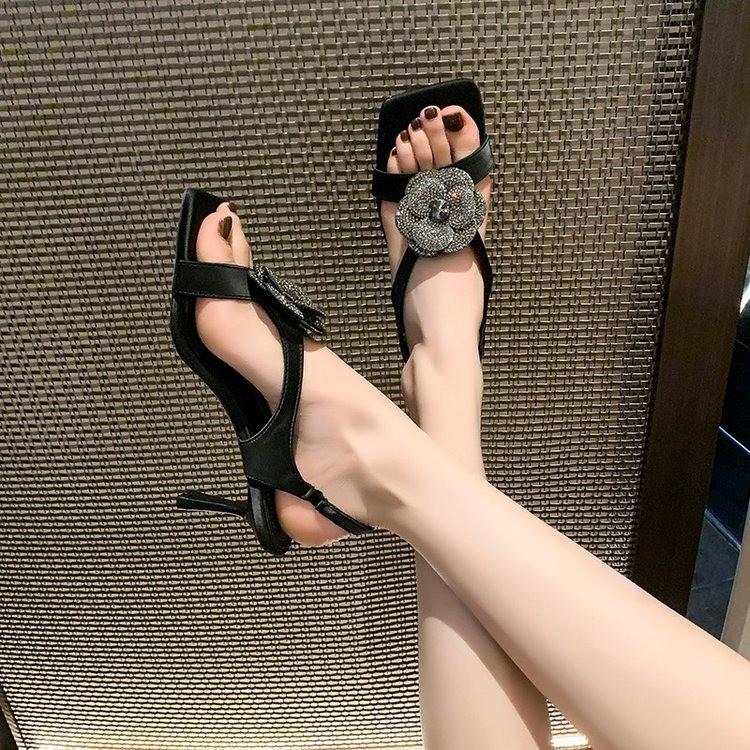 Fashion 2025 Rhinestone Flower  Sandals Summer Round Toe Sexy Thin High Heels Fashion Elegant Women Shoes Party Dress All Match Stiletto