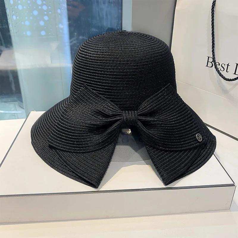 

Women Straw Bucket Hat Panama Bow Large Brim Foldable Sun Cap Summer Sunscreen Beach Hats For Outdoor Camping Hiking 1pc чорний