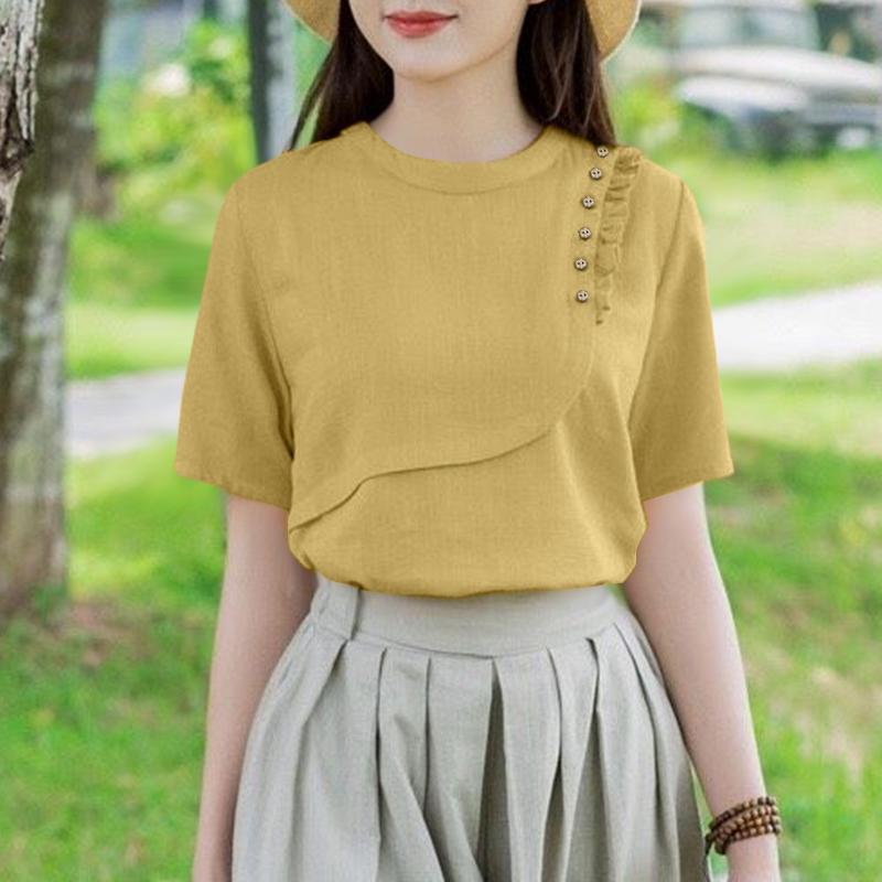 

ZANZEA Женская повседневная летняя блузка с круглым вырезом и коротким рукавом M жёлтый