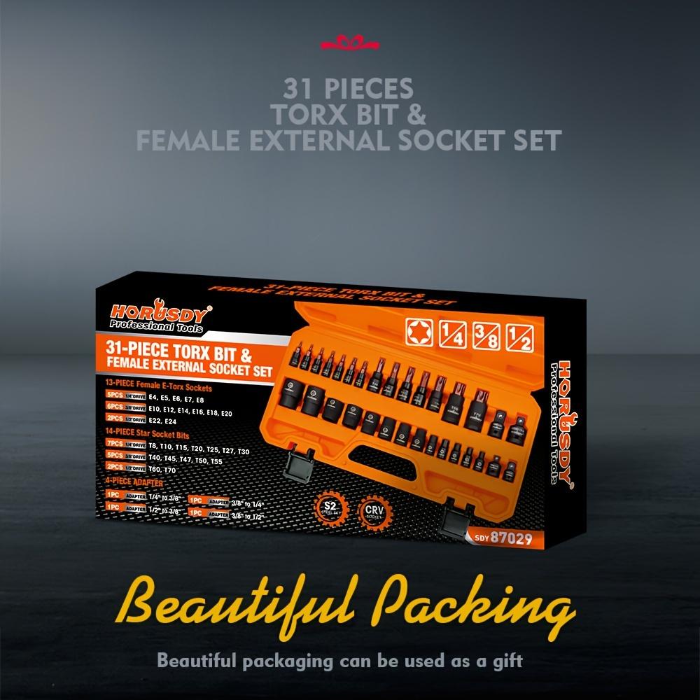 

HORUSDY Набор из 31 предмета торцевых головок Torx и внешних торцевых головок с внутренним профилем 14 звездочек (T8- T70) 12 торцевых головок E-Torx для женщин (Е4-Е24) Набор из 4 переходников для ударных головок E4-E24 & T8- T70 чёрный
