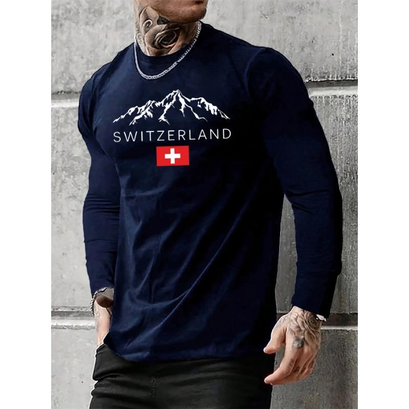 

Весенне-осенняя футболка с круглым вырезом и 3D-принтом швейцарской горы и флага. Модная повседневная мужская футболка с длинным рукавом. 5XL