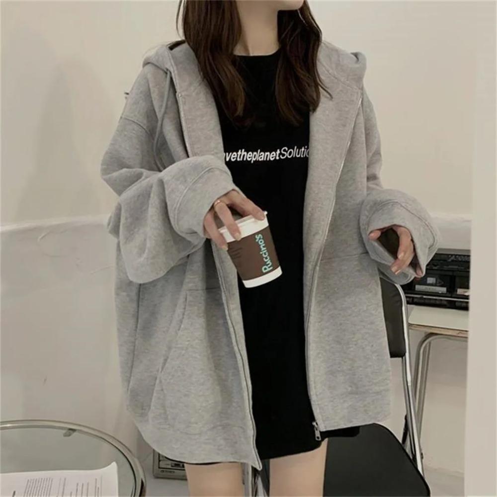 Women Loose Hooded Sweatshirt Jacket Fall Solid Zipper Long Sleeve Coat Oversize Vintage Hoodies Casual Wear