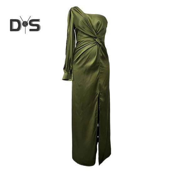 Dámské večerní šaty s jedním ramenem, s jedním otevřeným rukávem, rozděleným lemem, jednobarevný, tenký pas, plisovaný uzel, dekor, jednobarevný, ples, koktejl, párty, maxi šaty