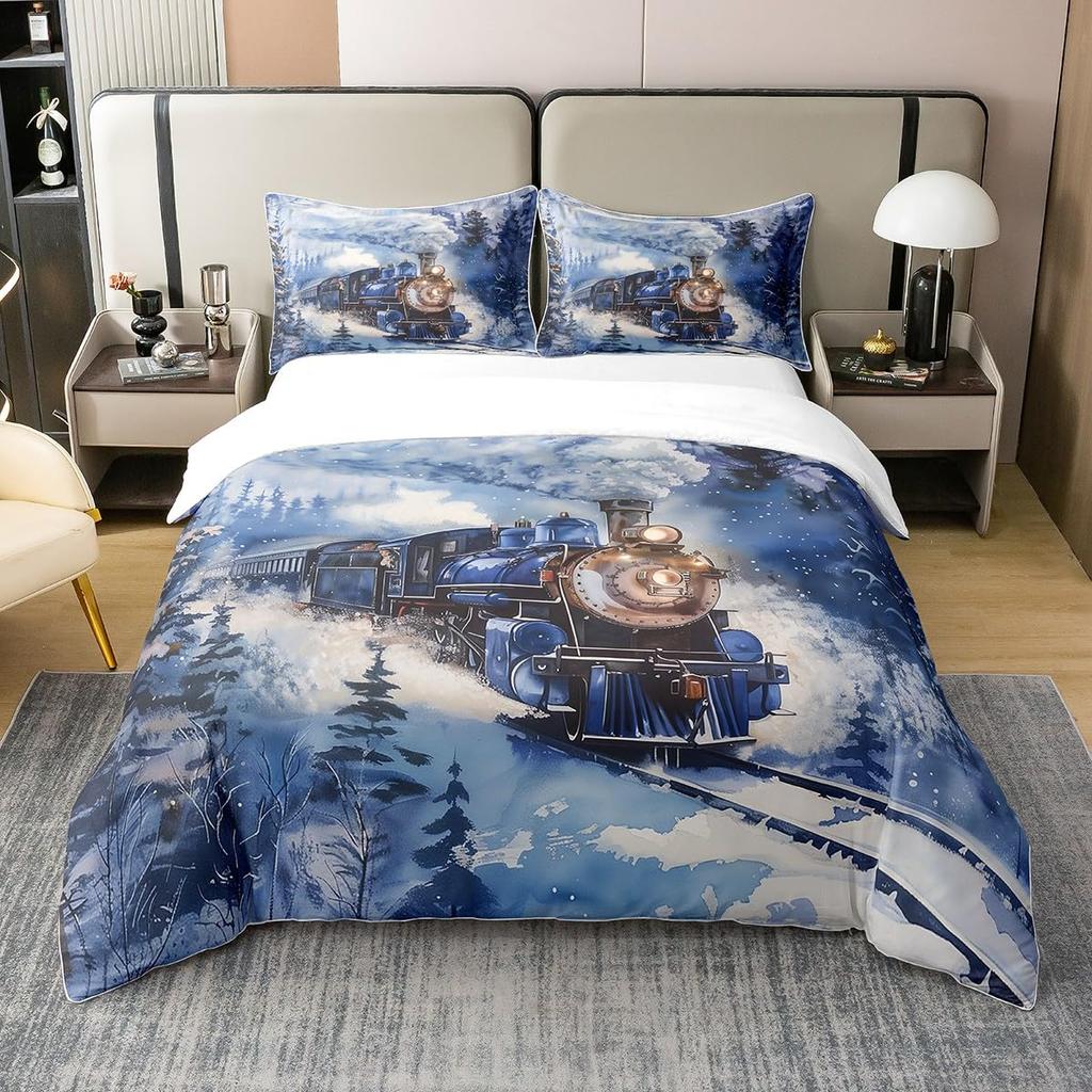 Winter Snow Train Duvet Covers For Kids Teens Queen Size Lightweight Quilt Covers Train Railway Track Bedding Set No Comforter
