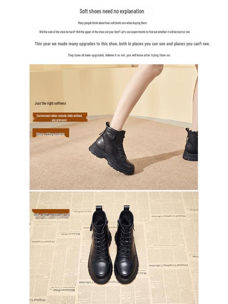 Women's British-Style Genuine Leather Martin Boots, Autumn/Winter 2025: Short, Round Toe, Chunky Heel, Lace-up with Side Zipper.