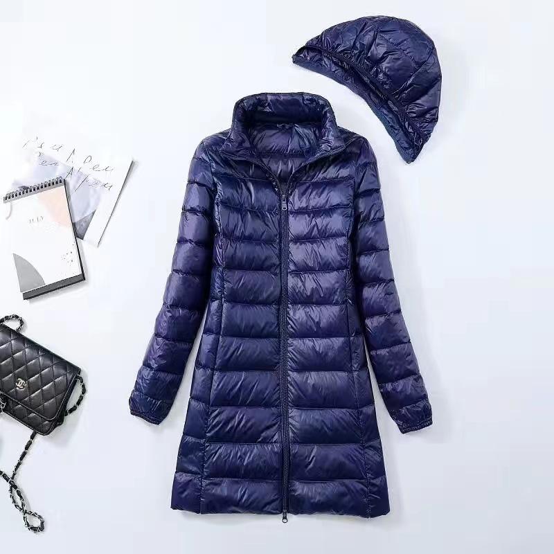 Autumn and winter new light and thin women's down jackets Pinghu medium and long light white duck down jackets detachment caps plus size