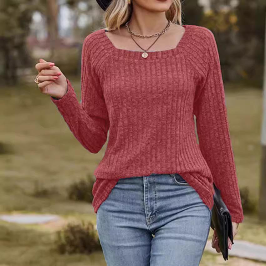 2024 European & American Square Neck Ribbed Long Sleeve T-Shirt