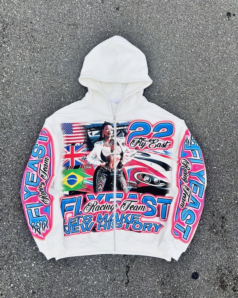 European and American style racing girl printed zipper hooded sweater, loose retro washed couple coat
