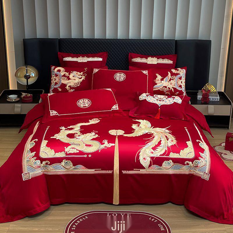 G5Z Κινεζικού Στυλ Κεντητό Κόκκινο Σετ Κλινοσκεπασμάτων Γάμου - Εορταστικό Τετραπλό Σετ με Παπλωματοκάλυμμα για Νιόπαντρα
