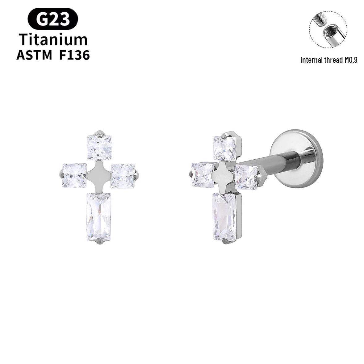 

F136 Titanium Zircon Stud Earrings - Cross & Square Design Cartilage Piercing Jewelry. Custom Colors - Contact Customer Service