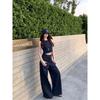 Kumikumi Fashion Set Back Lace-up Vest Top Women Summer High Waist Jeans Wide Leg Pants Two-piece Set