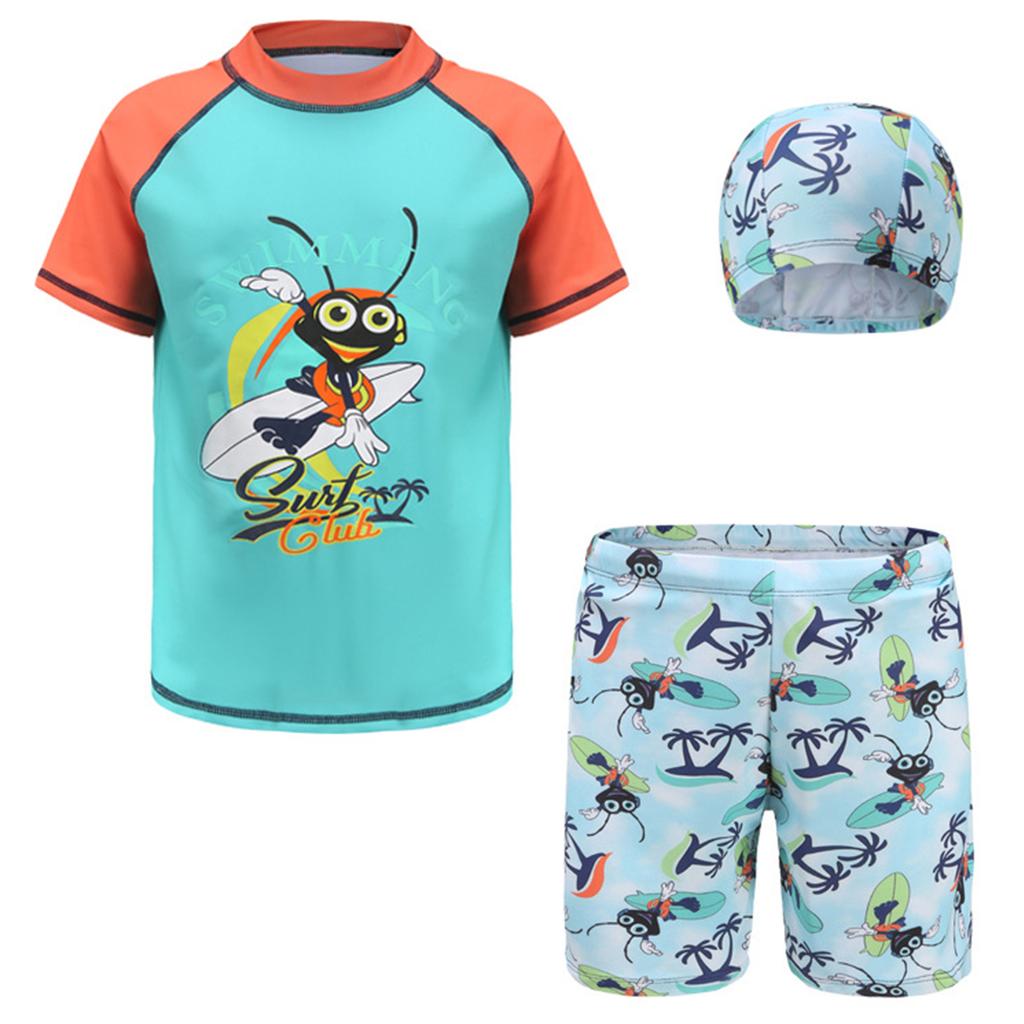 Boys Swimwear Set Short Sleeve Rash Guard Top Matching Trunks Hat Beach Swim Outfit