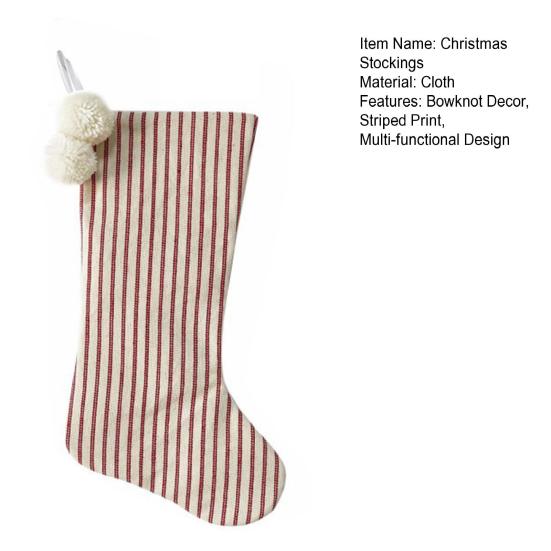 Christmas Stockings with Hanger Bowknot Plush Balls Decor Striped Print Candy Holder Festive Tree Decoration