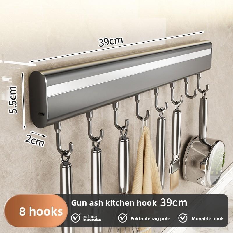 Aluminum Alloy Kitchen Wall Mount Rack With Hooks For Utensils And Cookware Storage