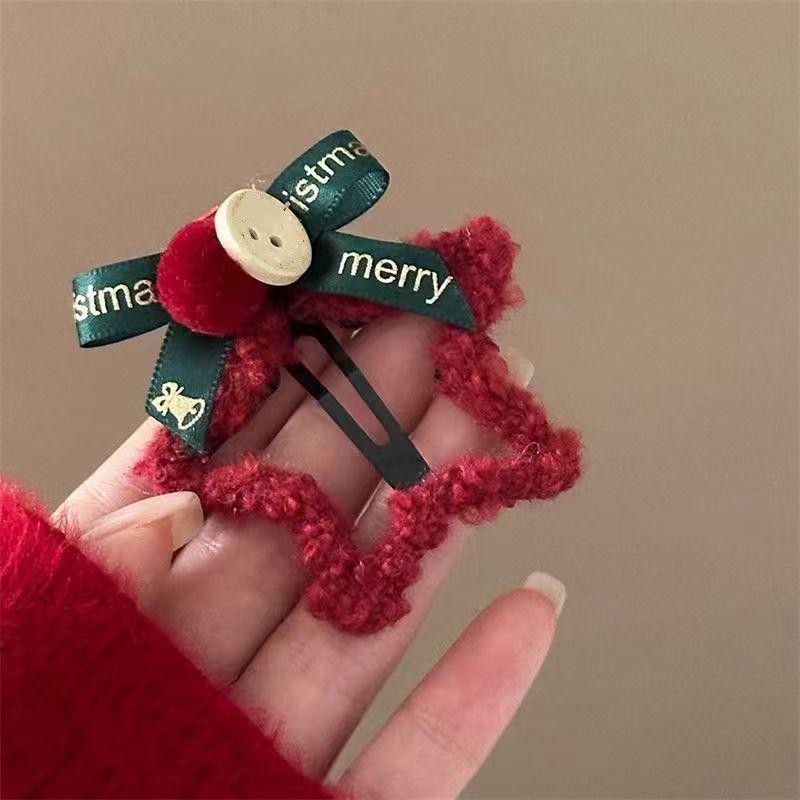 New Year Red Star Plush Hair Clip Bow Hairpin for Christmas