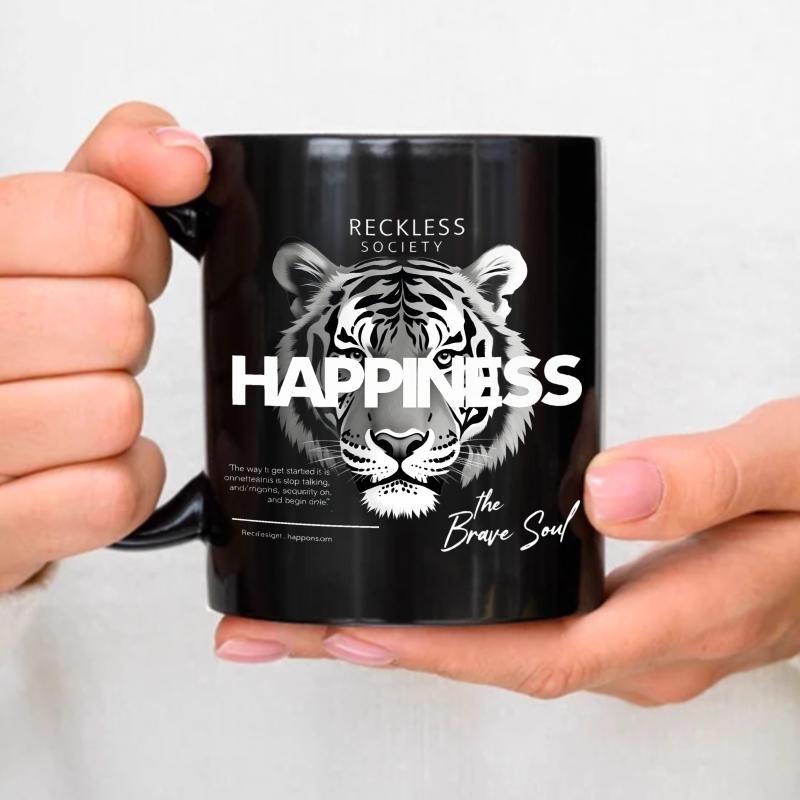 Ceramic mug black tiger and happiness quotes design is suitable for coffee, tea and daily use чёрный