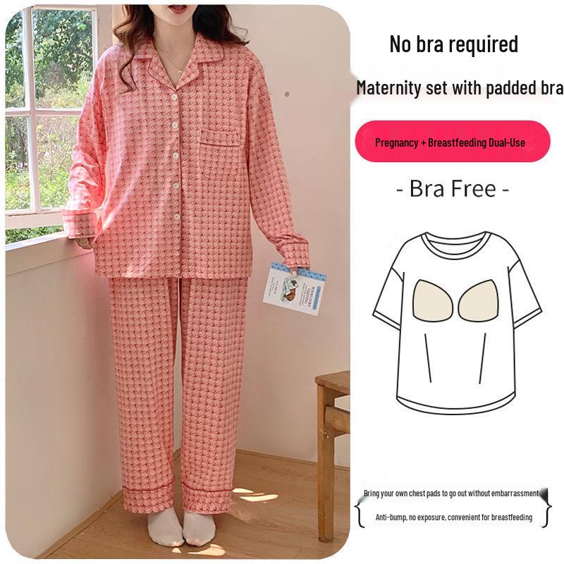 Plus Size Maternity & Postpartum Pajama Set with Breast Pads - Long Sleeve, Spring & Autumn Nursing Wear