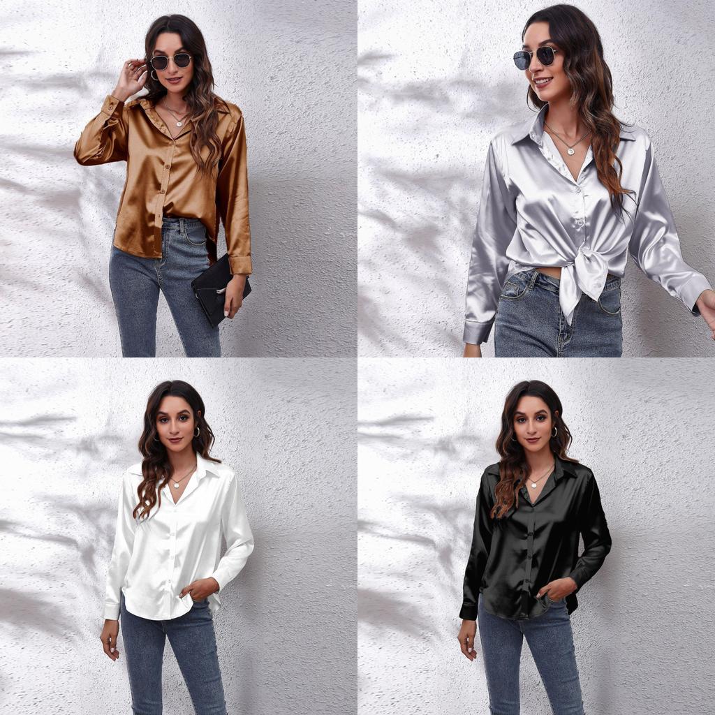 Satijnen Blouse Voor Dames Met Lange Mouwen En Knoopsluiting Voor Kantoor