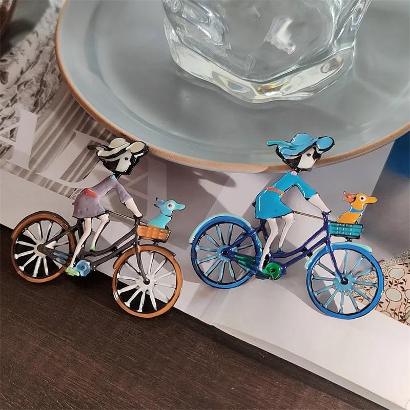 Japanese Cute Puppy With Girl Bicycle Brooches for Women Casual Creative Alloy Brooches For Ladies Female Jewelry Gifts