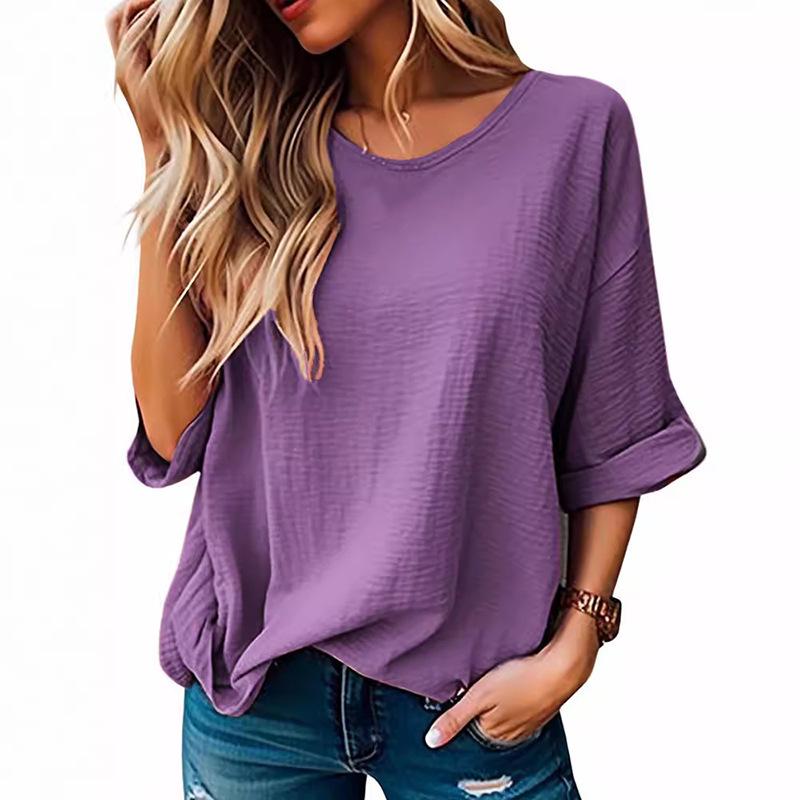 2024 Women's Summer Round Neck Five-Sleeve Cotton Linen Casual T-shirt