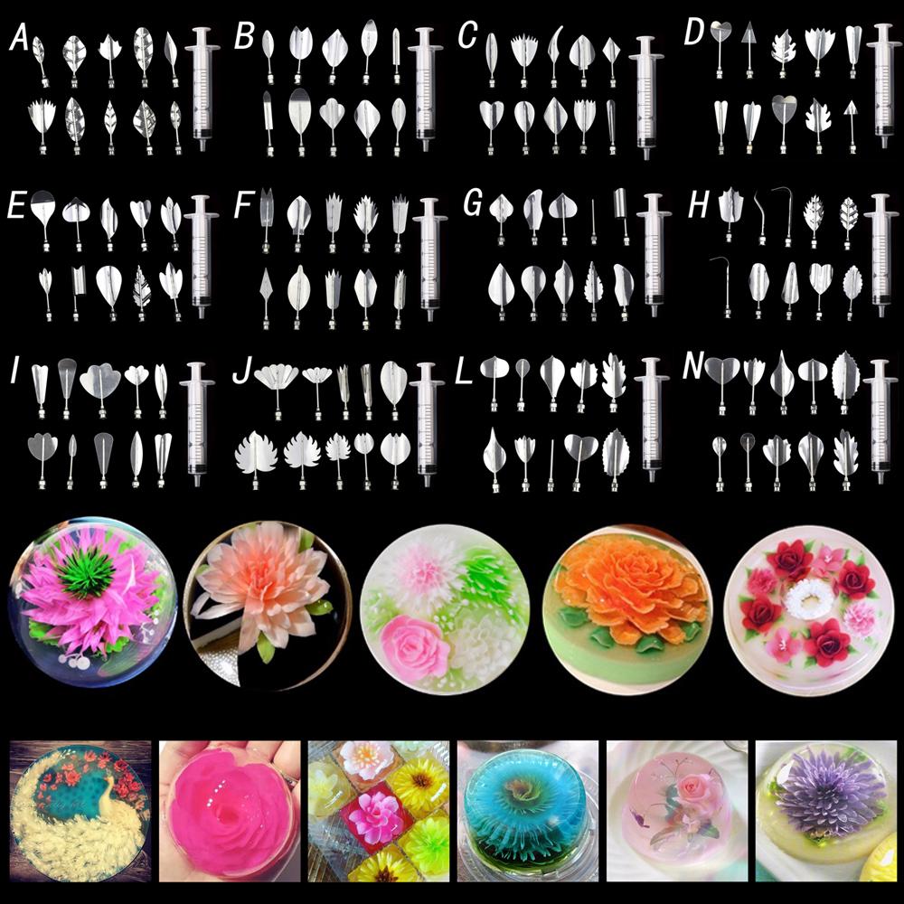 14 Stil 3D Gelatine Kuchenform Gelee Kunst Pudding Blumen Edelstahl Düse Spritze Nadel Set Kuchen Dekorationswerkzeuge