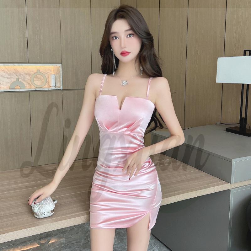 Elegant Satin V-Neck Ruched Bodycon Mini Dress Large розовый