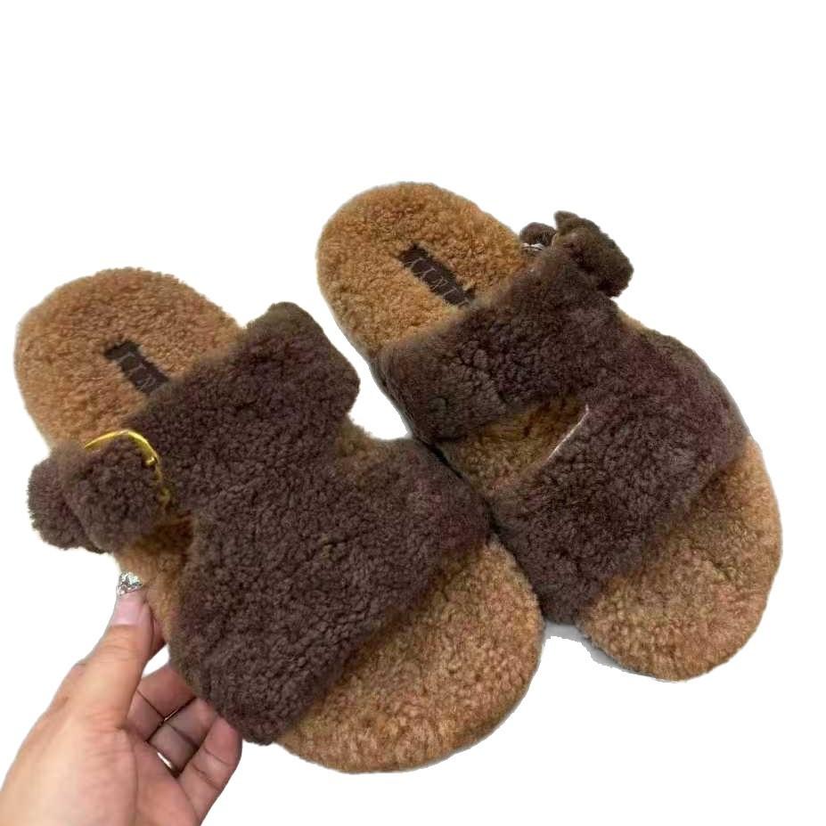 Fluffy Slippers Women's Winter Wear 2025 Autumn New Internet Celebrity Super Fire One-word Drag Fluffy Cotton Slippers Tide