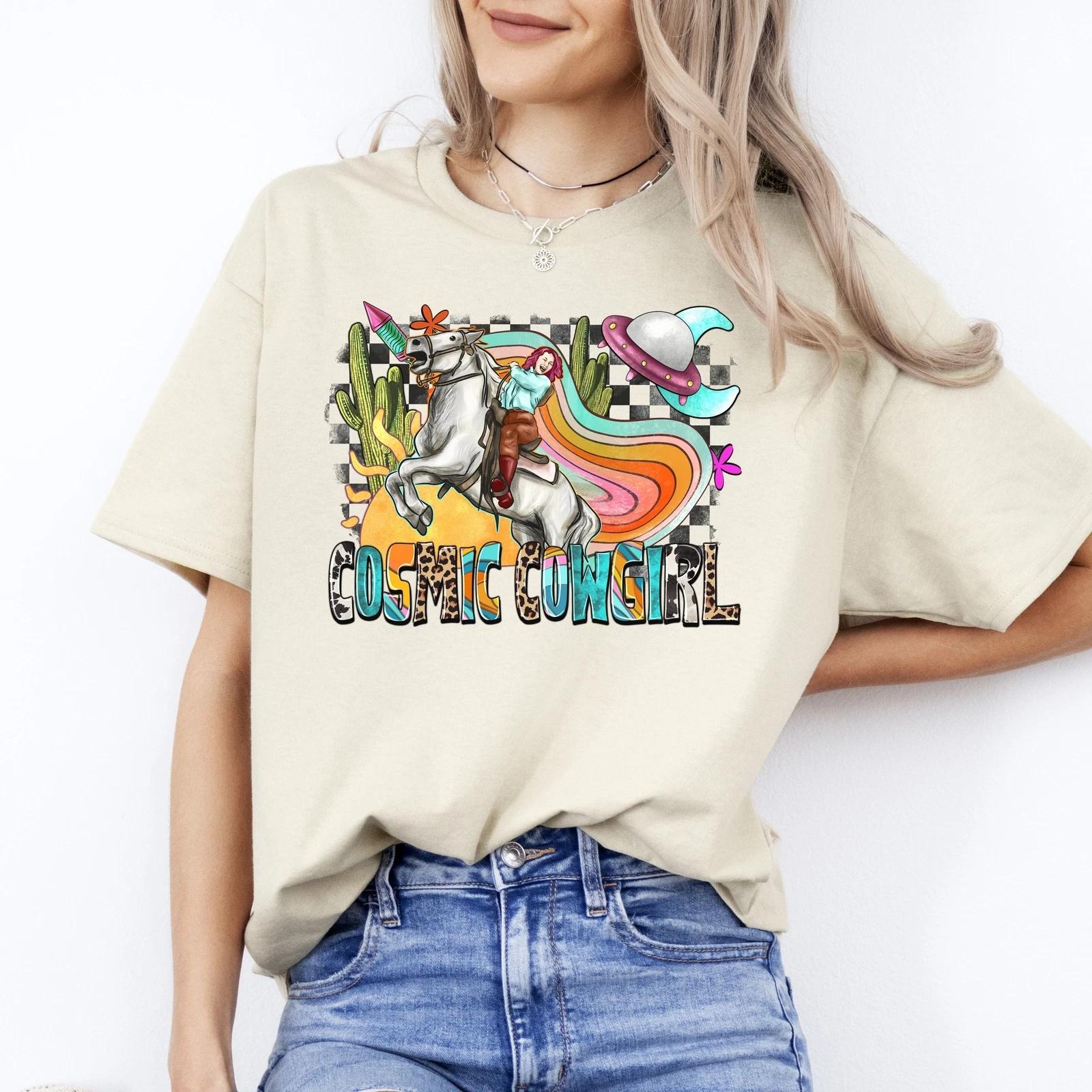 Cosmic cowgirl T-Shirt Alien Texas Western horse cowgirl Unisex tee White Sand S XL