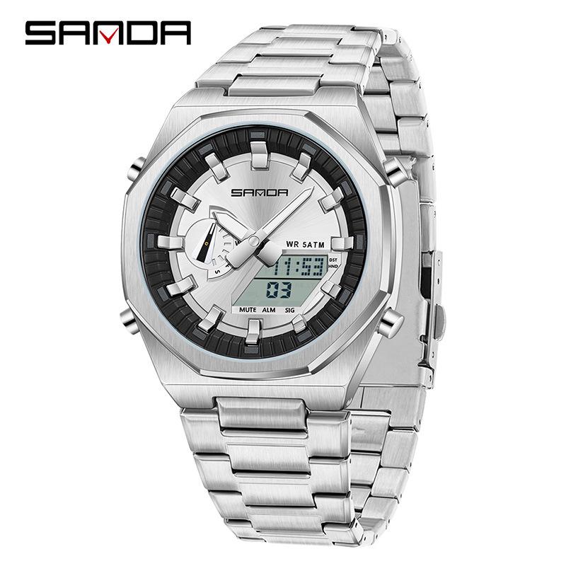 Sanda Men's Multifunctional Dual Display Watch with Countdown, Alarm, Daylight Saving, and Waterproof Features