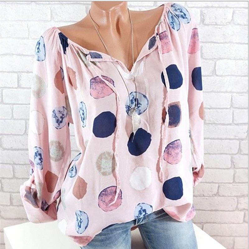 Elegant Women Summer Fashion Long Sleeve Blouse V-neck Stylish Dot Printed Shirts Tops