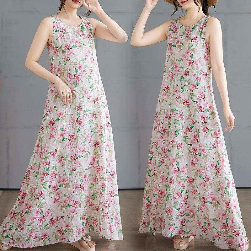 DIMANAF 2025 Women Summer Dress Ladies Basic Long Linen Flower Dress 8236