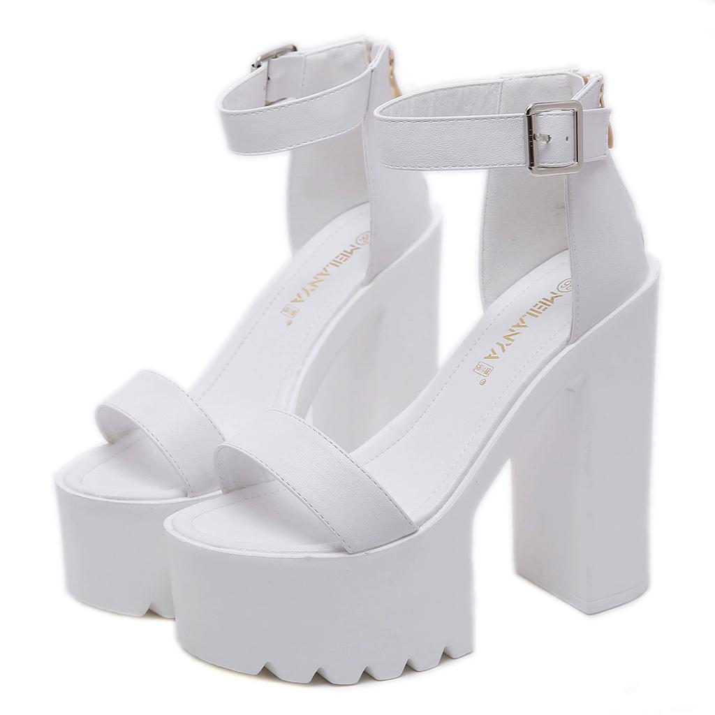 Heiß verkaufende Sommer-Mode-Plateau-Sandalen Wasserdichtes PU Schnalle 15CM Dicke Hohe Absätze Super High Heel Modellschuhe