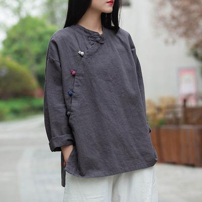 Women Vintage Cotton Linen Shirts and Tops Stand Long Sleeve Spring Chinese Style Button Loose Blouses Shirts