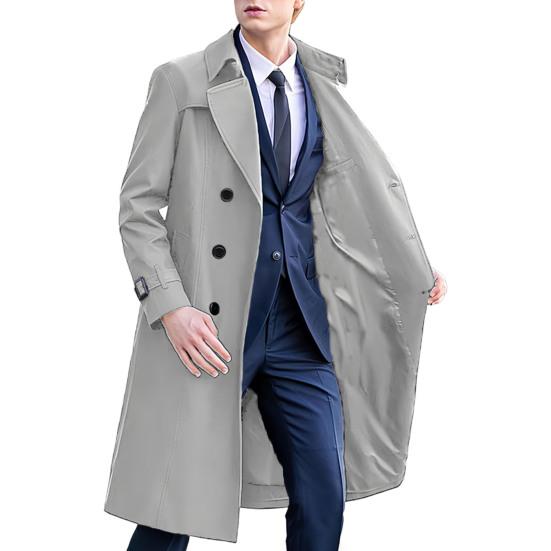 Men Windbreaker Lapel Long Sleeve Double Breasted Mid-Length Coat Solid Color Casual Business Outerwear