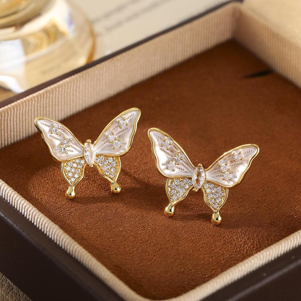 Elegant Zircon Butterfly Drop Earrings for Women - High-End Light Luxury Fashion Studs